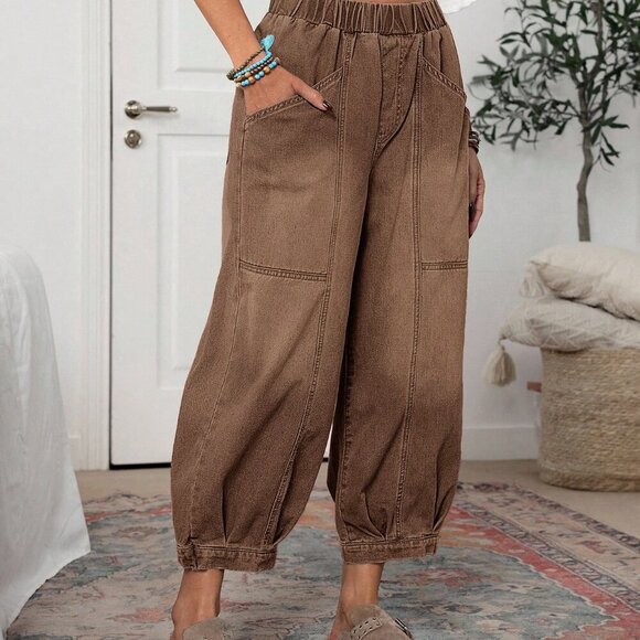 Coffee Brown Casual Women's Elastic Waist Loose Tapered Jeans - Picture 6 of 6